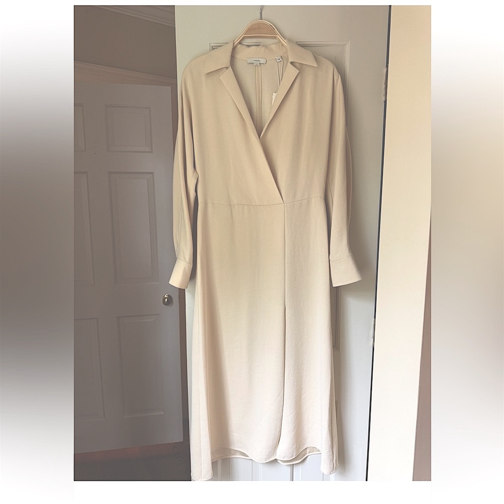 Vince Cream Quiet Luxury Long-Sleeve V-Neck Midi Dress Elegant Side Split Medium